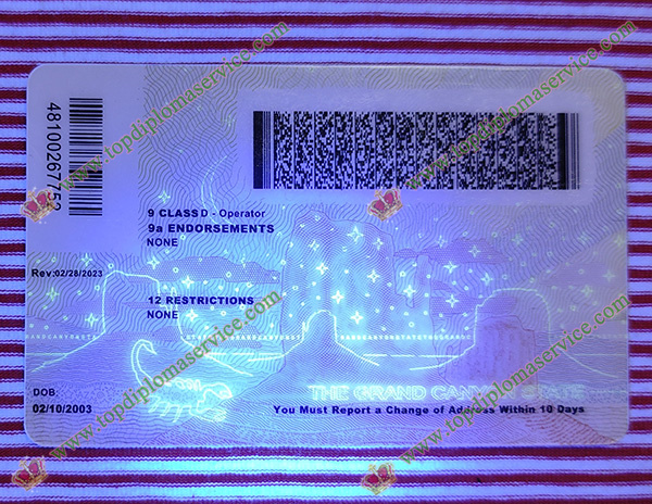 Arizona ID under UV light, Arizona driving license,